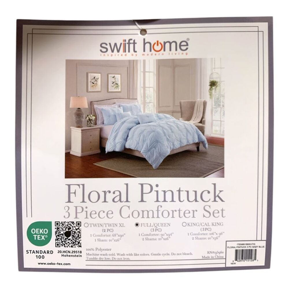 Swift Home Ultra Plush Floral Pintuck Comforter Set, 3pc, Full/Queen - Baby Blue